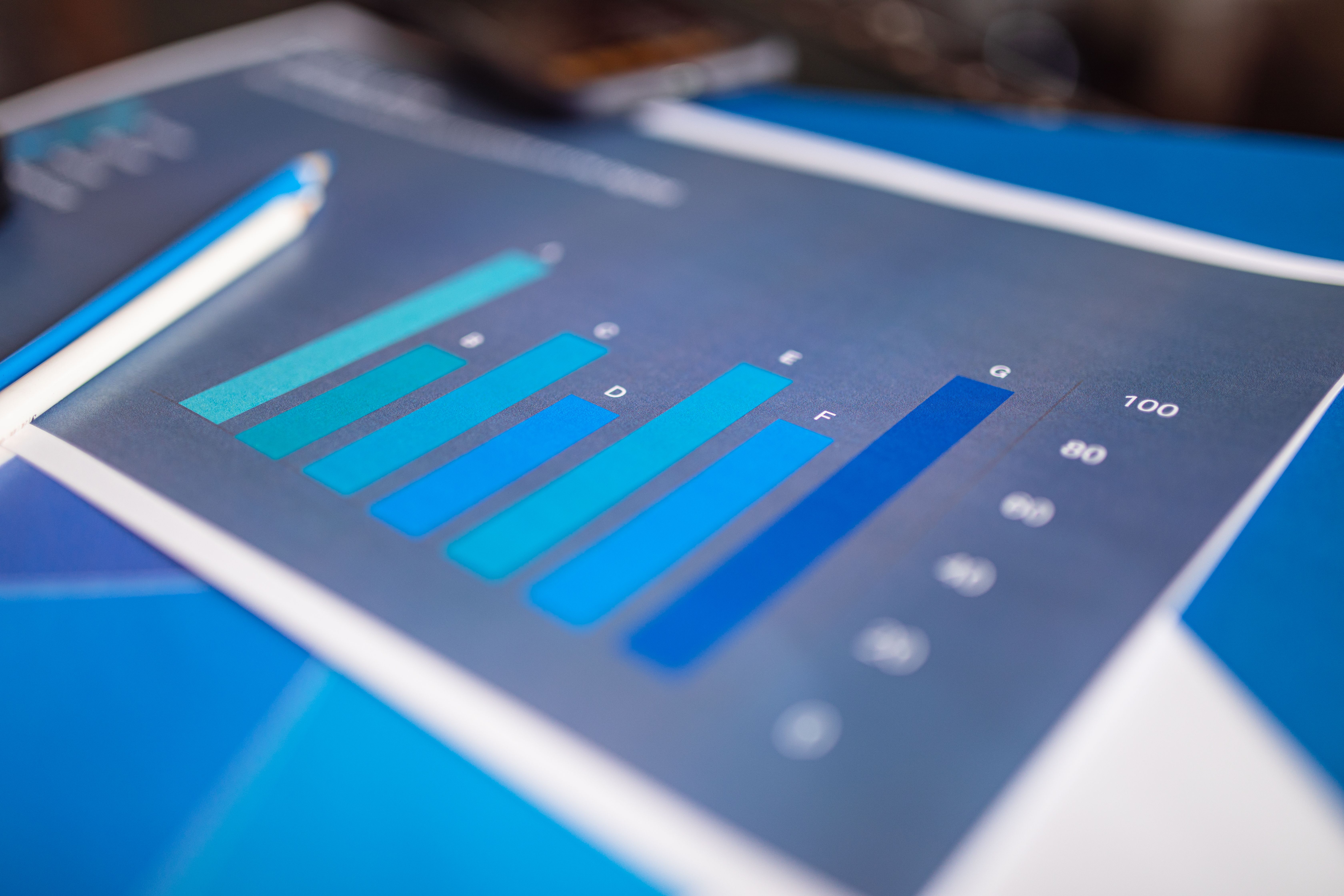 Detailed close-up of a blue bar graph showing data analysis on printed paper